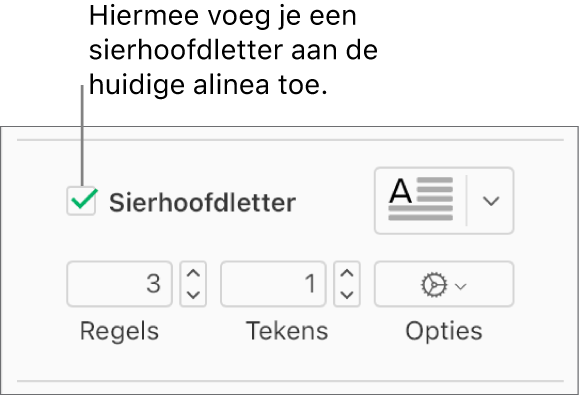 Het aankruisvak 'Sierhoofdletter' is ingeschakeld en rechts ervan staat een pop‑upmenu. Eronder staan regelaars voor het instellen van de regelhoogte, het aantal tekens en andere opties.