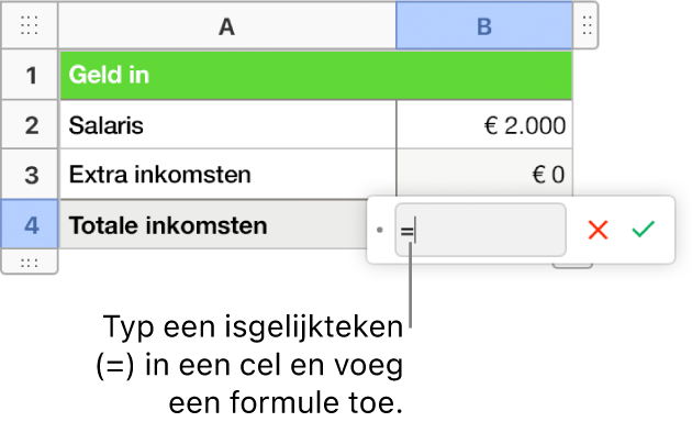 De formule-editor is open met = en zonder ingevoerde formule.