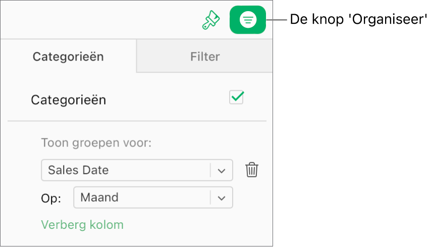 De knop 'Organiseer' is geselecteerd in de knoppenbalk en de regels die een categorie beschrijven, worden weergegeven in het tabblad 'Categorieën' in de navigatiekolom 'Organiseer'. Gegevens worden momenteel op verkoopdatum geordend en vervolgens per maand gegroepeerd.