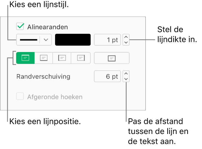 Het aankruisvak 'Alinearanden' is ingeschakeld in het tabblad 'Lay-out' van de navigatiekolom 'Opmaak'. De regelaars voor de lijnstijl, kleur, dikte, positie en afstand tot de tekst worden onder het aankruisvak weergegeven.