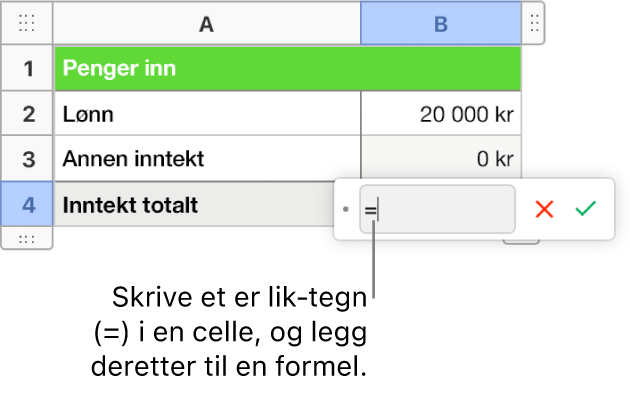 Formelredigeringen er åpen med = og ingen formel lagt inn.