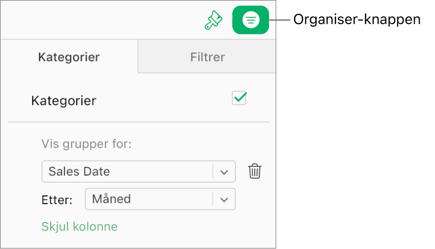 Organiser-knappen er valgt på verktøylinjen, og reglene som beskriver en kategori, vises på Kategorier-fanen i Organiser-sidepanelet. Dataene er for øyeblikket organisert etter salgsdato og deretter gruppert etter måned.