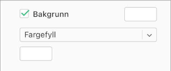 Det er krysset av i Bakgrunn-ruten i sidepanelet, og det forhåndsinnstilte fargefeltet til høyre for avkrysningsruten er fylt med hvit. Under avkrysningsruten er Fargefyll valgt i en lokalmeny, og under der igjen er feltet for tilpasset farge fylt med hvit.