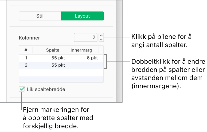 Kontrollene for tekstkolonner på Layout-fanen i Format-sidepanelet.