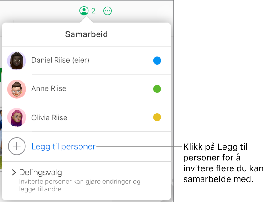 Samarbeid-menyen er åpen, og valget Legg til personer vises under deltakerlisten.