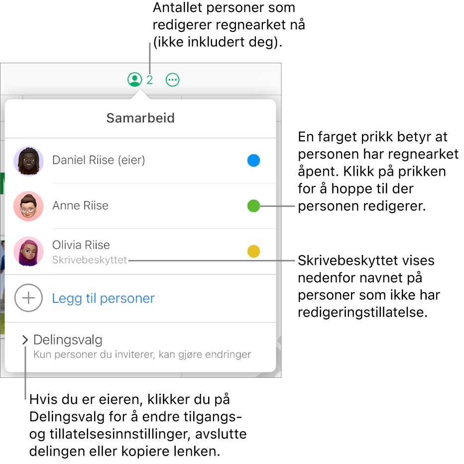Samarbeid-menyen er åpen, med en liste med tre deltakere (én med Skrivebeskyttet tilgang), valget Legg til personer samt en Delingsvalg-del der eiere kan endre tilgangs- og tillatelsesinnstillinger.