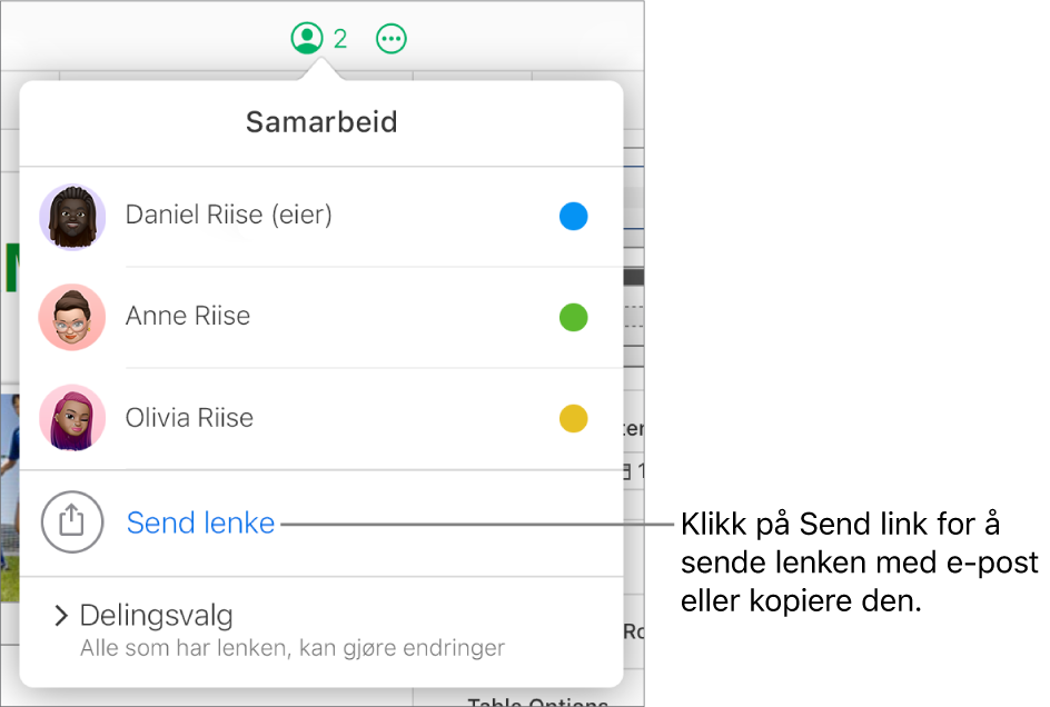 Samarbeid-menyen er åpen, og valget Send lenke vises under deltakerlisten.