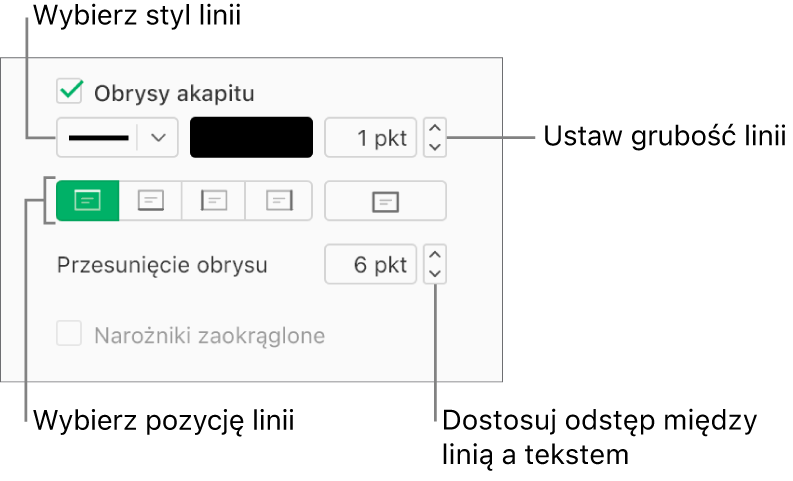 Na pasku bocznym Format, na karcie Układ zaznaczone jest pole wyboru Obrysy akapitu, a pod polem wyboru wyświetlane są narzędzia umożliwiające zmianę stylu, koloru, grubości, położenia i przesunięcia linii.