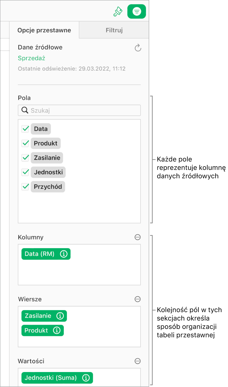 Karta Opcje przestawne na pasku bocznym Organizuj, wyświetlająca pola w sekcjach Kolumny, Wiersze i Wartości, a także przyciski Więcej i Informacje do edycji pól i odświeżania tabeli przestawnej.