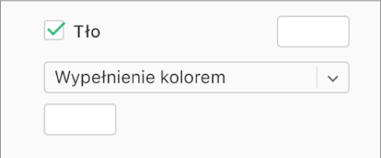 Pole wyboru Tło jest zaznaczone na pasku bocznym, a wstępnie ustawione pole koloru z prawej strony pola wyboru jest wypełnione kolorem białym. W menu podręcznym pod polem wyboru wybrana jest opcja Wypełnienie kolorem, a pod nim własne pole koloru jest wypełnione kolorem białym.