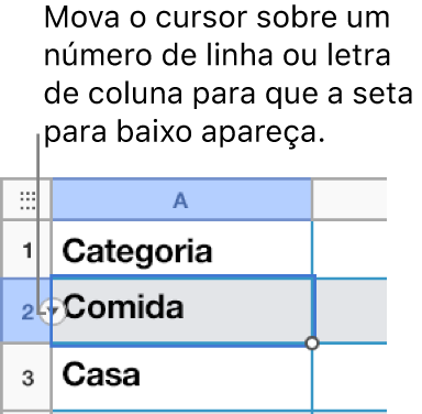 Um número de linha é selecionado em uma tabela e uma seta para baixo fica visível à sua direita.