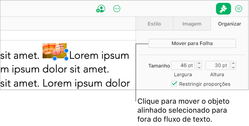 Uma imagem alinhada dentro de uma caixa de texto está selecionada e o botão “Mover para a Folha” está visível na aba Organizar na barra lateral.