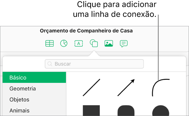 A biblioteca de formas está aberta, com Básico selecionado à esquerda e um número de linhas e formas, incluindo uma linha curva, visível à direita.