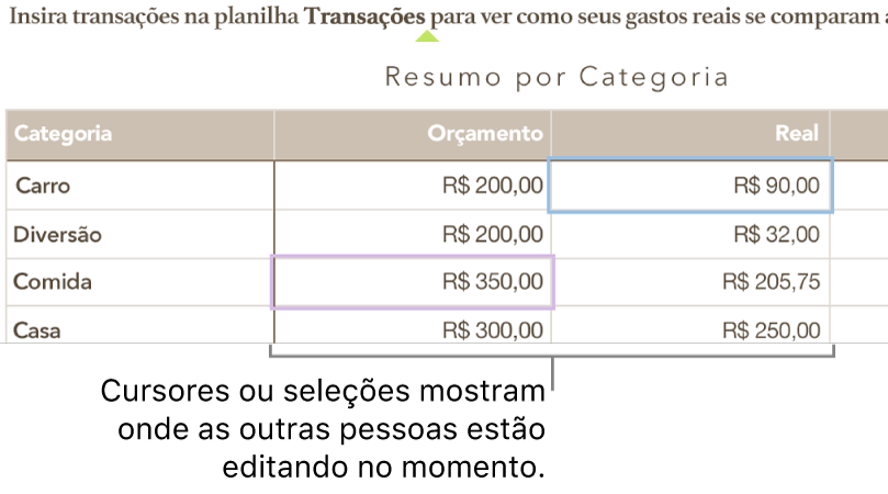 Cursores e seleções de células de tabelas em cores diferentes mostrando onde outras pessoas estão editando uma planilha compartilhada.