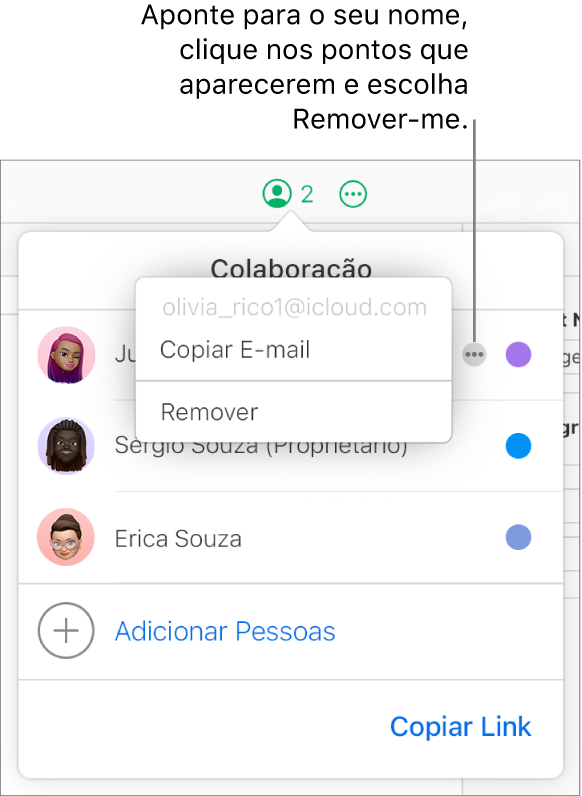 O menu Colaboração aberto, com o botão Mais à direita do primeiro participante clicado e a opção Remover disponível.