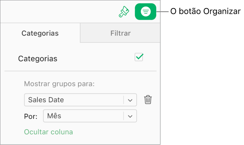 O botão "Organizar” está selecionado na barra de ferramentas e as regras que descrevem uma categoria aparecem no separador “Categorias” da barra lateral “Organizar”. Os dados estão atualmente organizados por “Data das vendas” e depois agrupados por mês.