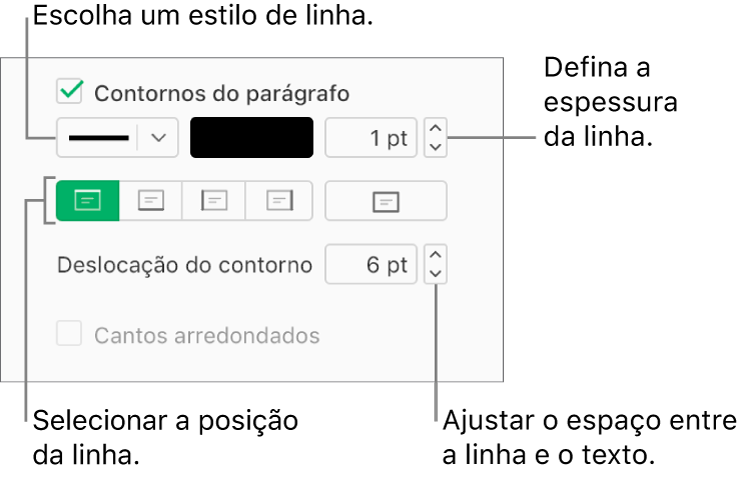 A opção “Bordas do parágrafo” está assinalada no separador "Disposição” na barra lateral “Formatação” e os controlos para alterar o estilo, cor, espessura, posição e deslocação da linha em relação ao texto são apresentados por baixo da opção assinalável.