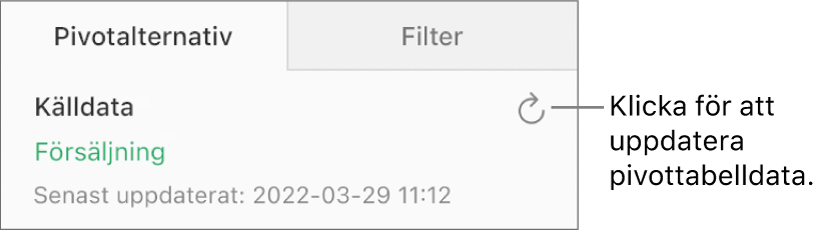 Fliken Pivotalternativ visar knappen Uppdatera i övre högra hörnet.