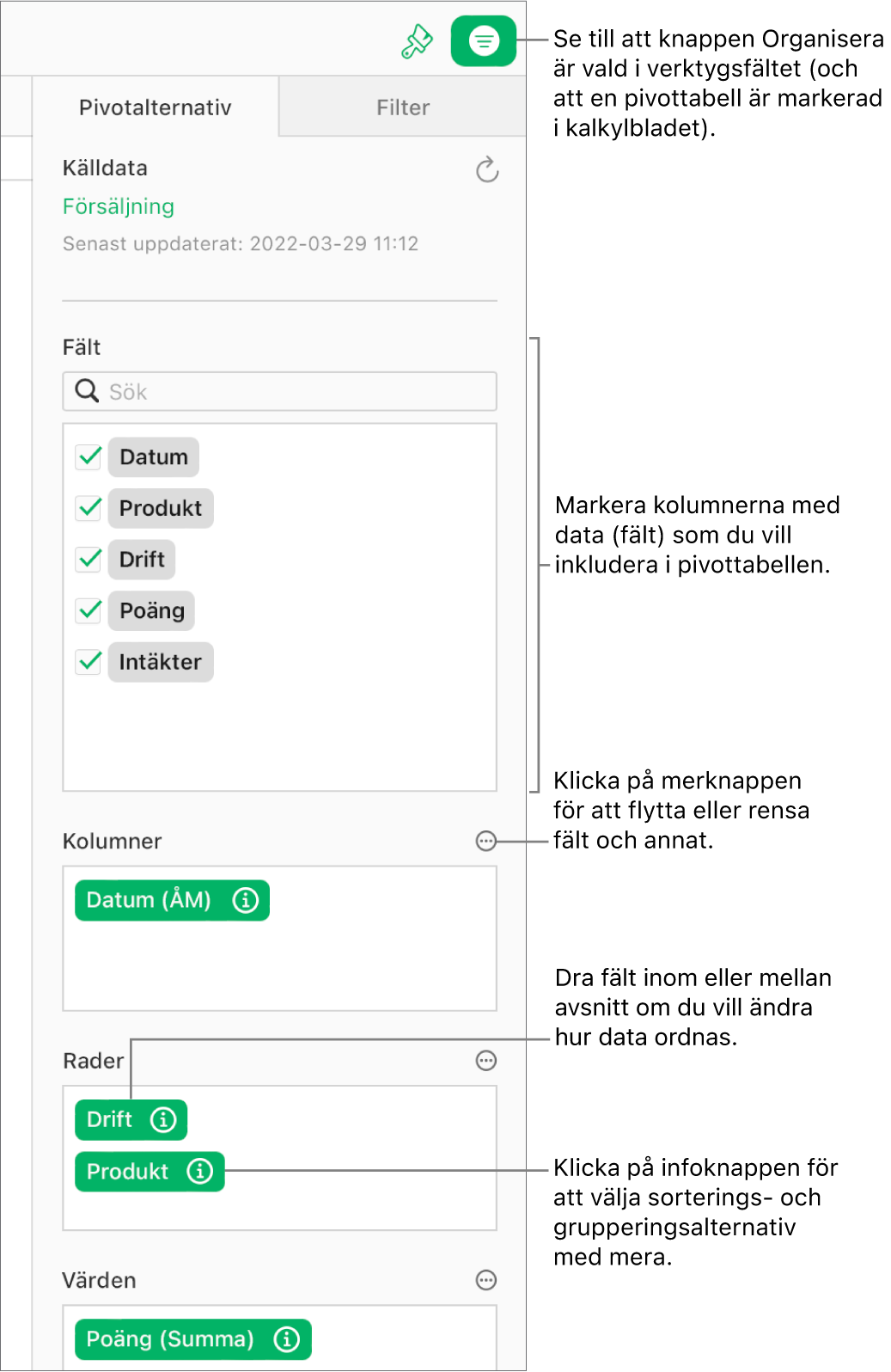 Fliken Pivotalternativ i sidofältet Ordna, som visar fält i avsnitten Kolumner, Rader och Värden, samt knappar Info och Mer för att redigera fälten och uppdatera pivottabellen.