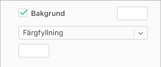 Kryssrutan Bakgrund är markerad i sidofältet och den förinställda färgkällan till höger om kryssrutan är fylld med vitt. Under kryssrutan är Färgfyllning valt i en popupmeny och därunder är den anpassade färgkällan fylld med vitt.