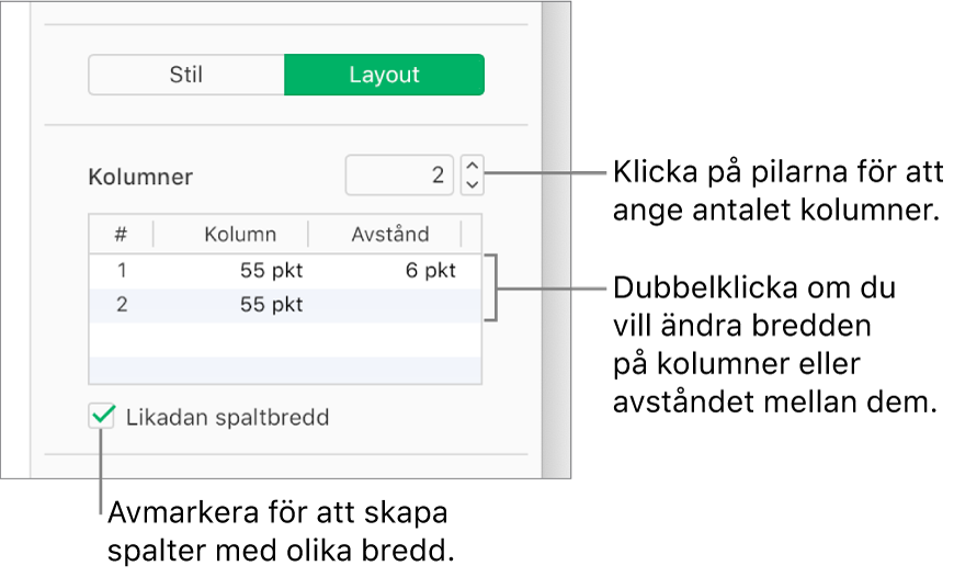 Textkolumnsreglagen i Layout-panelen i sidofältet Format.