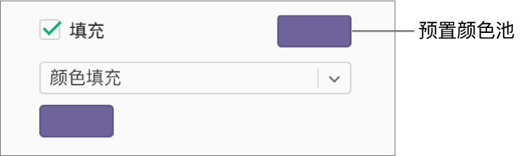 已选中边栏中的“填充”复选框，该复选框右侧的预设颜色池已填充紫色。复选框下方的弹出式菜单中选中了“颜色填充”。