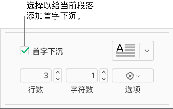 “首字下沉”复选框处于选中状态，其右侧显示了一个弹出式菜单；其下方显示了用于设置行高、字符数和其他选项的控制。