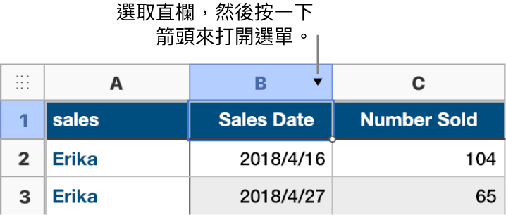 已選取第二個直欄的表格，直欄字母 B 的右邊會顯示一個箭頭。