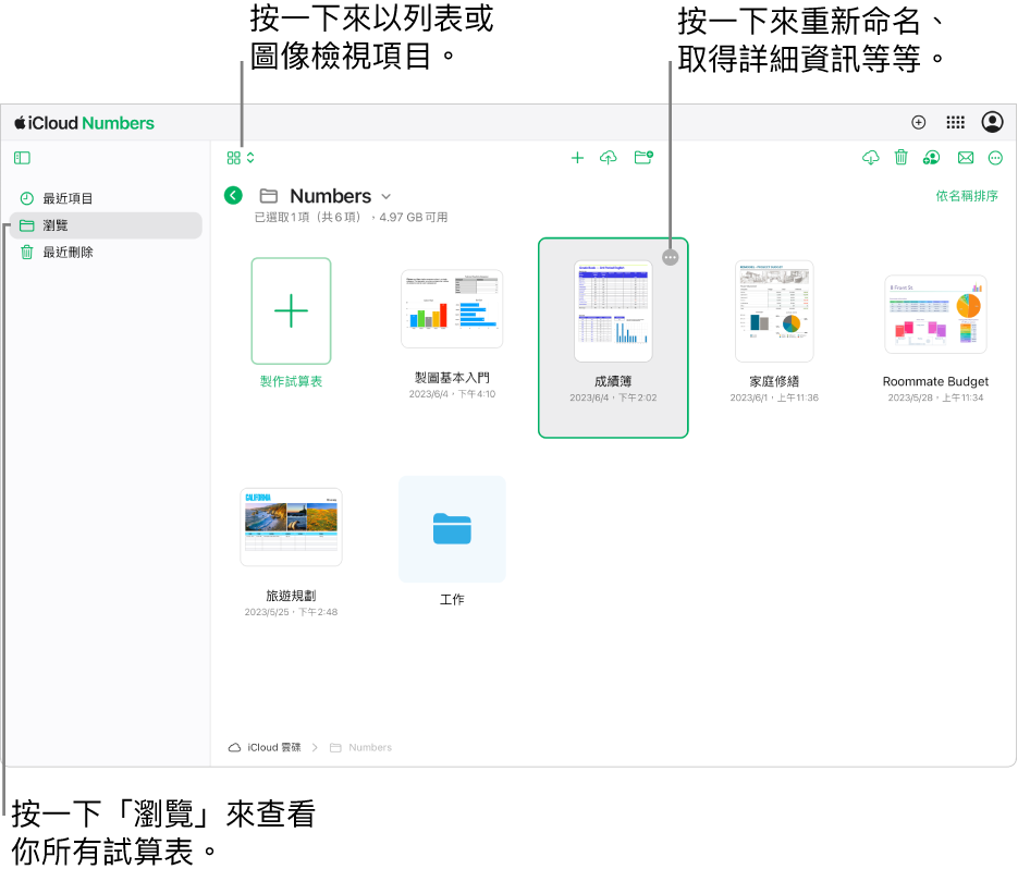 瀏覽顯示方式下的試算表管理器，在格狀中以圖像顯示 Numbers 文件。可以在選取試算表的右上角看到「更多」按鈕（三個點）。在試算表上方，工具列的左側有一個彈出式選單，你可以在其中選擇以圖像或列表方式來檢視項目。工具列的右側是下載、合作、傳送電子郵件或刪除的按鈕。
