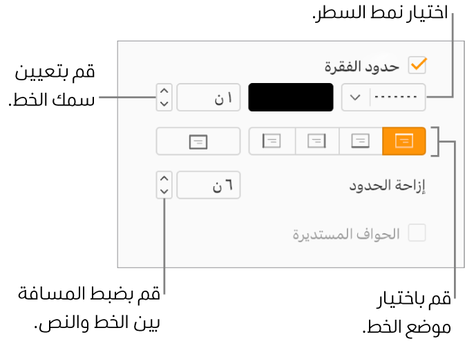 خانة اختيار "حدود الفقرة" محددة في علامة تبويب "التخطيط" في الشريط الجانبي "التنسيق"، وتظهر عناصر التحكم لتغيير نمط السطر ولونه وسُمكه وموضعه، كما يظهر خيار الإزاحة من النص أسفل خانة الاختيار.