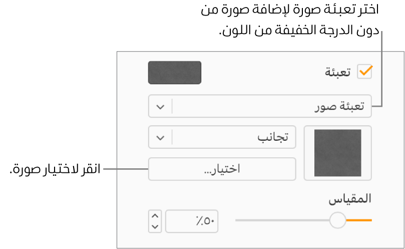 يتم تحديد خانة الاختيار "تعبئة" في الشريط الجانبي، ويتم اختيار "تعبئة الصورة" في القائمة المنبثقة أسفل خانة الاختيار. تظهر عناصر التحكم الخاصة باختيار الصورة، وكيفية تعبئتها للعنصر، ومقياس الصورة أسفل القائمة المنبثقة. تظهر معاينة تعبئة الصورة في المربع (بعد اختيار صورة).