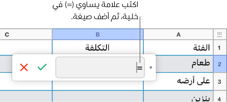 محرر المعادلة مع علامة يساوي (=) وبدون إدخال معادلة.