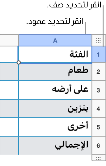 صف جدول محدد يتضمن وسائل شرح لتحديدات الصف والعمود.