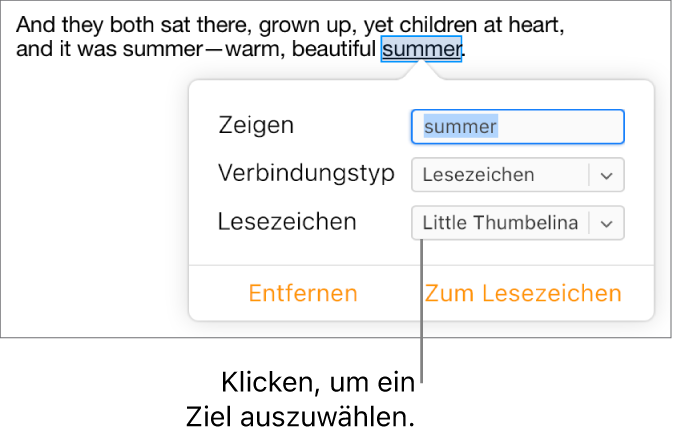 Text in einem Dokument ist ausgewählt und unterstrichen. Das Linkfenster zeigt, dass der Text mit einem Lesezeichen verknüpft ist.