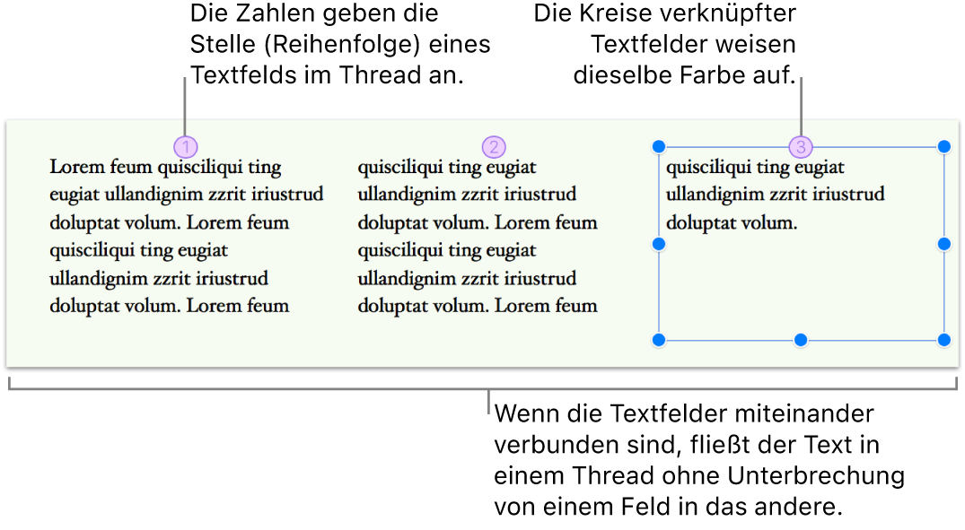 Drei verkettete Textfelder, die mit Text gefüllt sind und nebeneinander auf der Seite angeordnet sind. Jedes Textfeld weist oben einen violetten Kreis mit einer Nummer auf, die die Reihenfolge der Textfelder im Thread angibt.