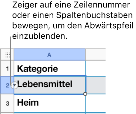 Eine Zeilennummer wurde in der Tabelle gewählt und ein Abwärtspfeil ist auf der rechten Seite nun sichtbar.