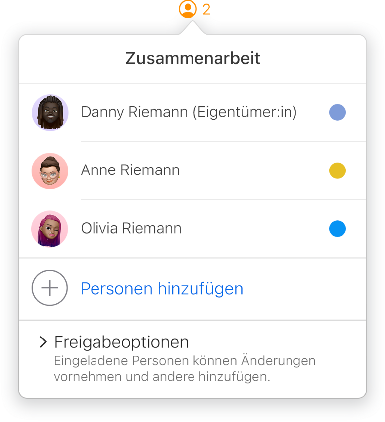 Das Menü für die Zusammenarbeit mit den Namen von Personen, die gemeinsam ein Dokument bearbeiten. Optionen zum Teilen befinden sich unter den Namen.