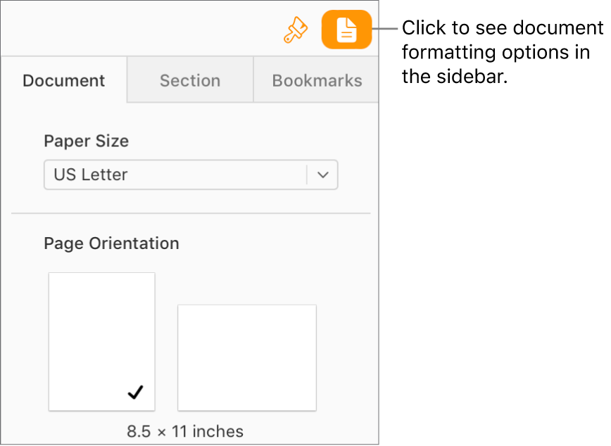 The Document button is selected in the toolbar, and controls for changing the paper size and orientation appear in the Document tab of the sidebar.