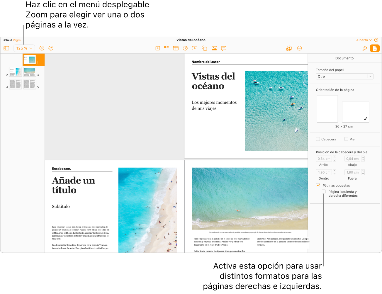 La ventana de Pages para iCloud con las miniaturas de páginas y las páginas del documento en vista de doble página. En la barra lateral Documento de la derecha, está sin activar la casilla “Páginas izquierda y derecha diferentes”.