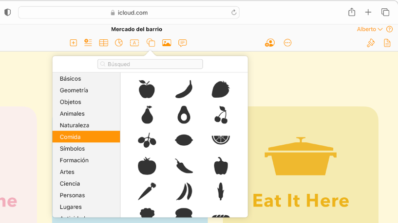 La biblioteca de figuras está abierta, con una lista de categorías de figuras para elegir. La categoría de Alimentos está seleccionada y las imágenes de formas de alimentos para elegir aparecen a la derecha de la categoría.