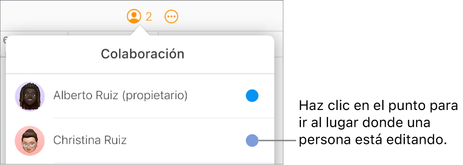 El menú Colaboración abierto con dos participantes y un punto de color diferente a la derecha de cada nombre.