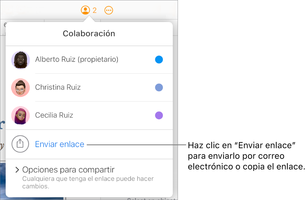 El menú Colaboración abierto con la opción “Enviar enlace” debajo de la lista de participantes.