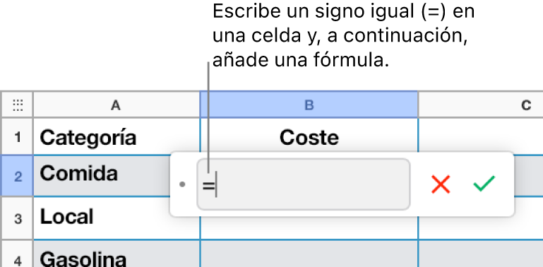 Editor de fórmulas con = y sin ninguna fórmula.