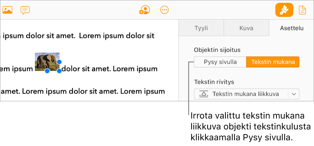 Dokumentin leipätekstissä on valittuna tekstiin sidottu objekti. Sivupalkin Asettelu-välilehdessä näkyy Pysy sivulla -painike.