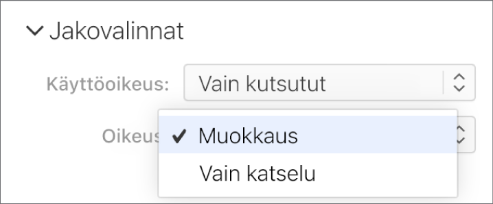 Jakovalinnat-kohdan alla on avoinna Oikeudet-ponnahdusvalikko. Siinä on vaihtoehtoja, joilla sallitaan muokkausten tekeminen dokumenttiin tai pelkkä katselu.