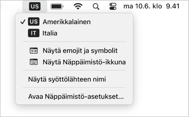 Valikkorivin oikean yläkulman Syöttö-valikko on auki: siinä näytetään käytettävissä olevien kielten määrä, Emojit ja symbolit -näkymän avaustoiminto, Näppäimistöikkuna ja muita valikon kohteita.