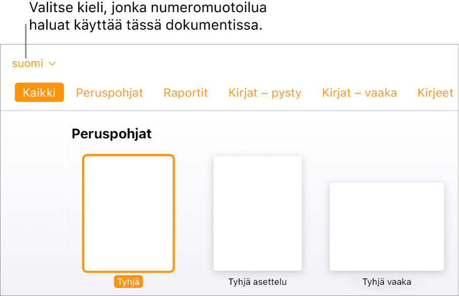 Työpohjan valitsimen vasemmassa yläkulmassa oleva ponnahdusvalikko, jossa on valittu kieleksi englanti (Yhdysvallat).