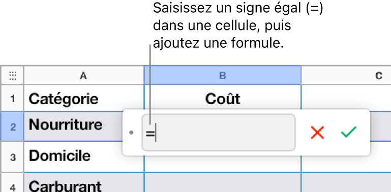 Éditeur de formules avec = et aucune formule saisie.