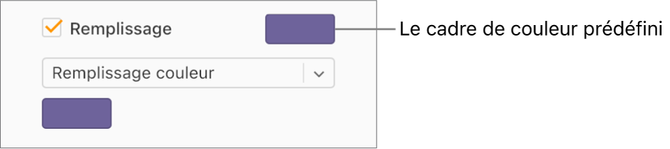 La case Remplissage est cochée et le cadre de couleur prédéfini situé sur la droite de cette case est rempli en violet. Sous la case à cocher, l’option Remplissage couleur est sélectionnée dans un menu local.