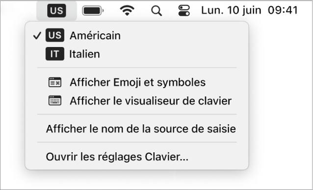 Le menu Saisie situé dans le coin supérieur droit de la barre de menus est ouvert et affiche les différentes langues disponibles, des options de menu pour accéder aux Emoji et symboles et au visualiseur de clavier, et d’autres fonctions.